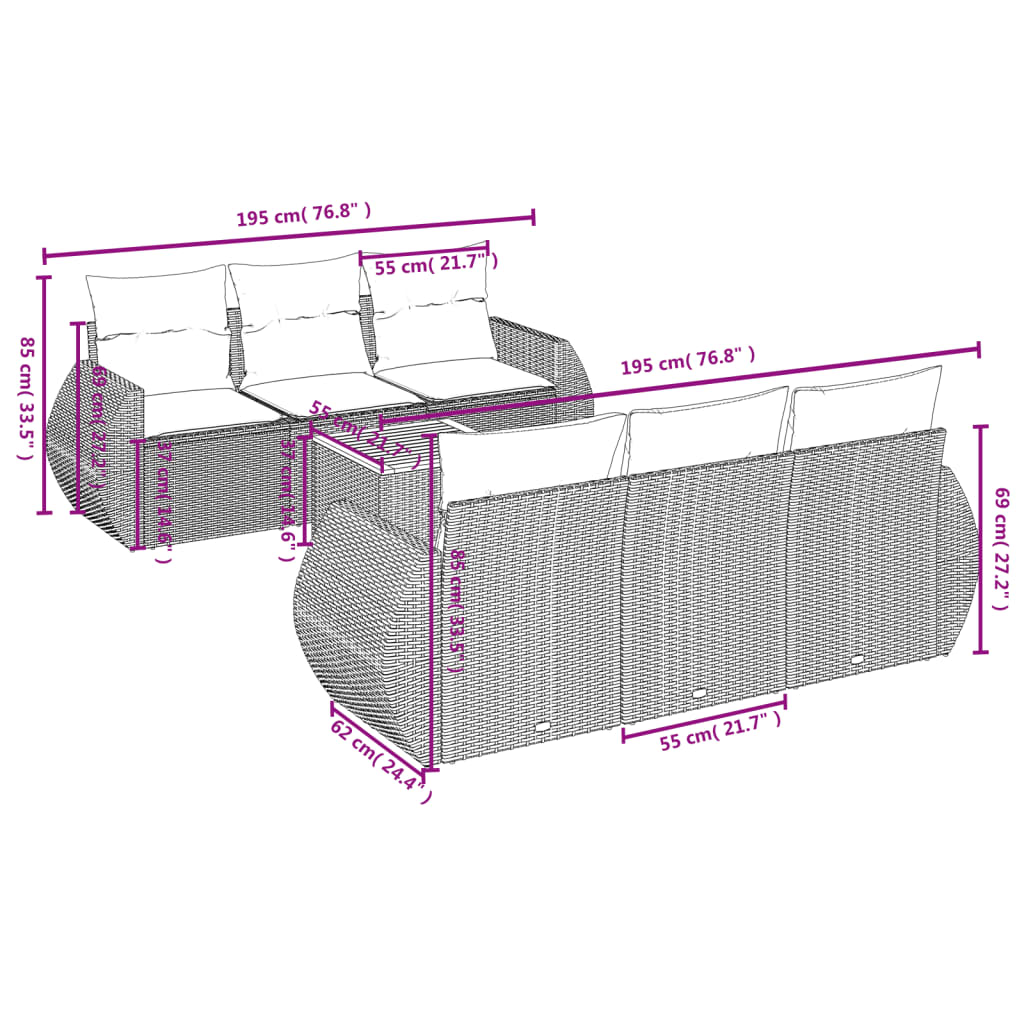7 pcs conjunto sofás p/ jardim c/ almofadões vime PE cinzento