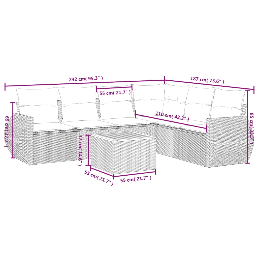 7 pcs conjunto sofás p/ jardim c/ almofadões vime PE cinzento