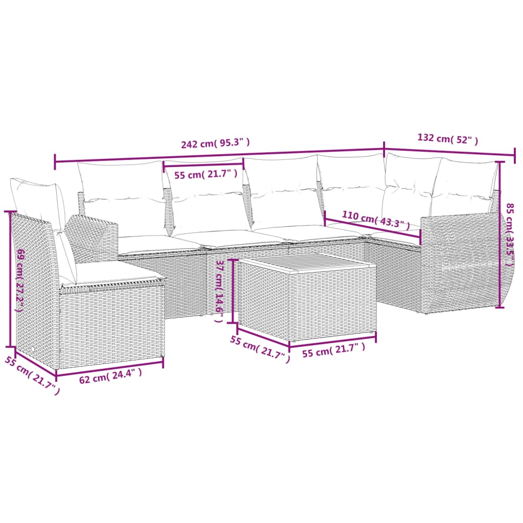 7 pcs conjunto de sofás p/ jardim com almofadões vime PE bege