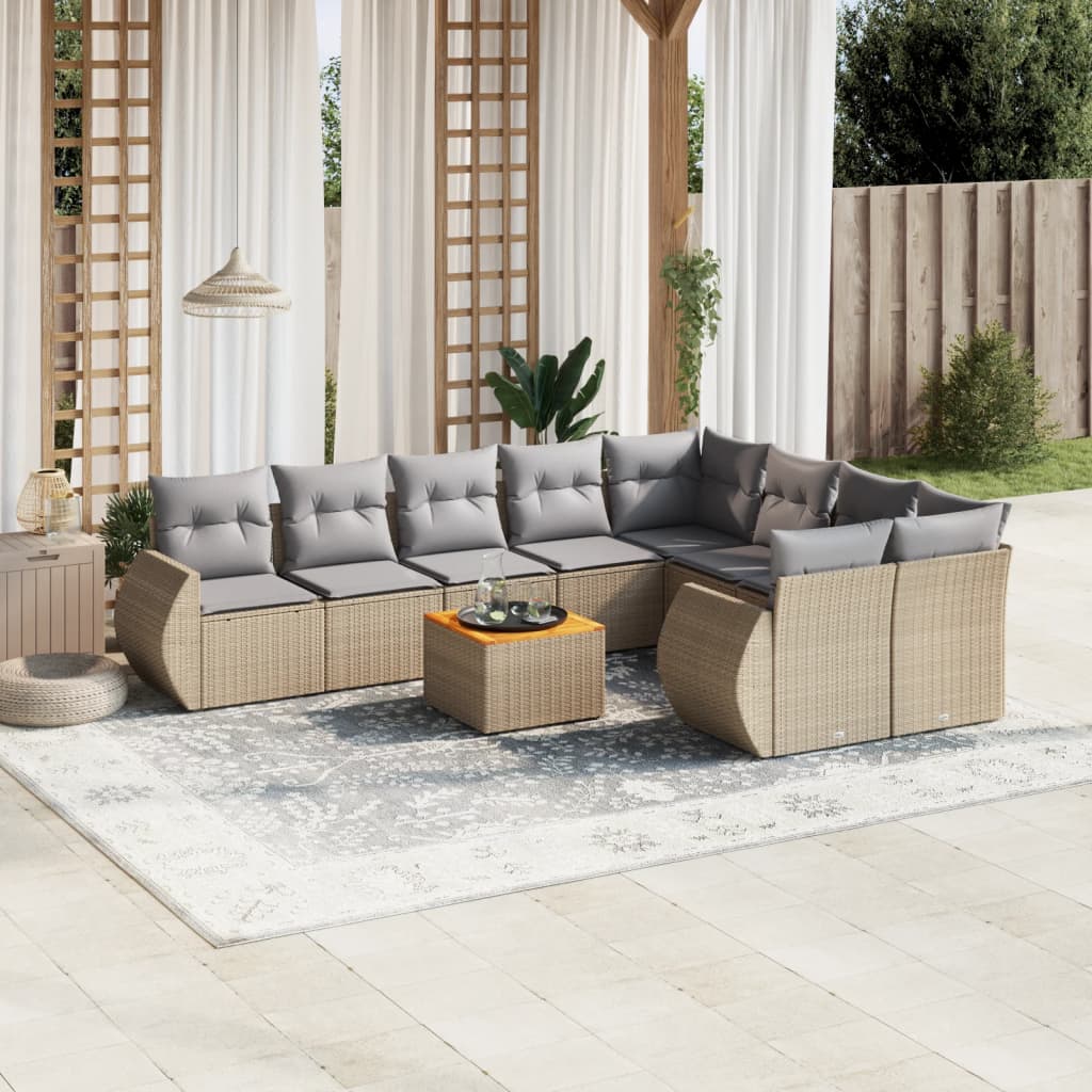 10 pcs conjunto de sofás p/ jardim com almofadões vime PE bege