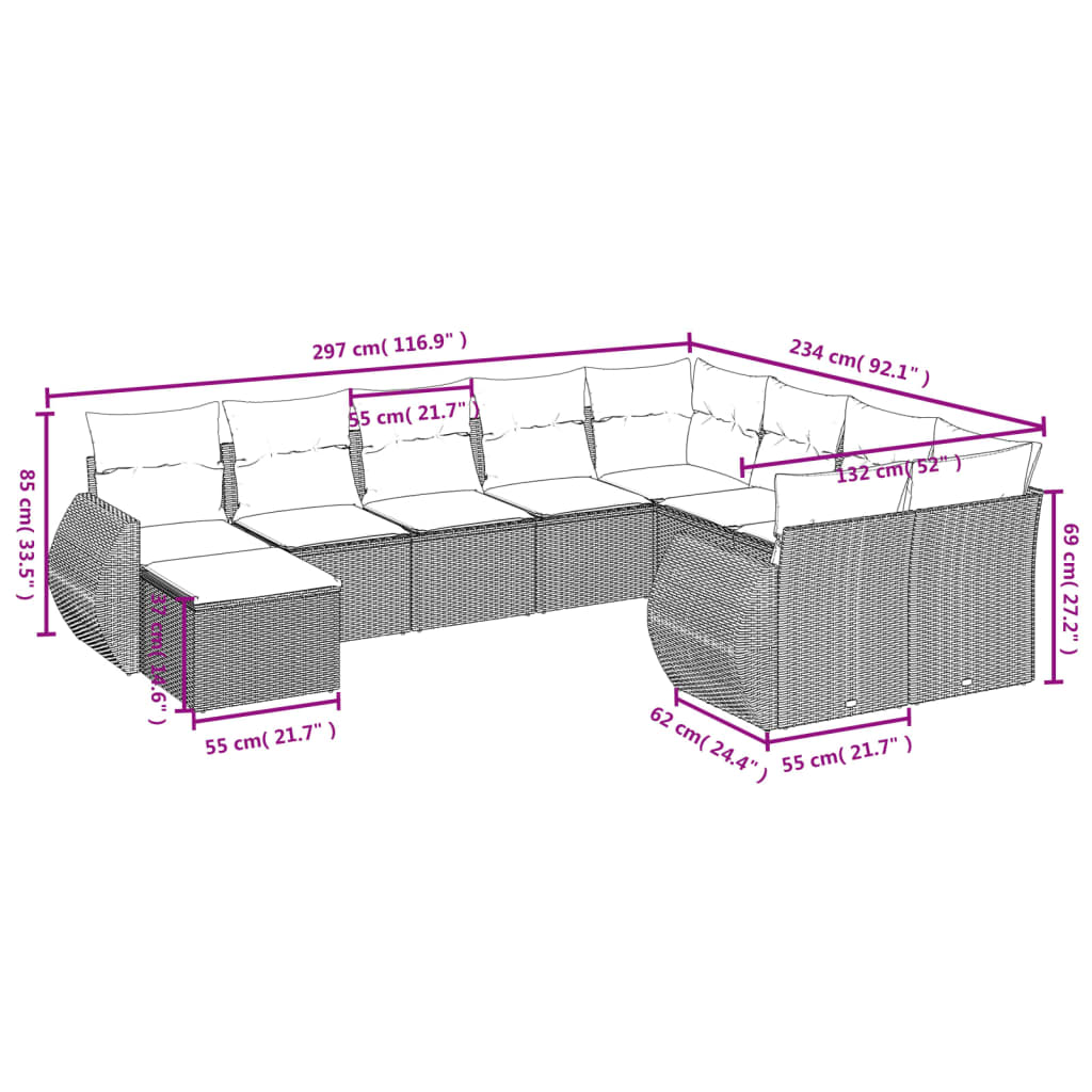 10 pcs conjunto de sofás p/ jardim com almofadões vime PE bege