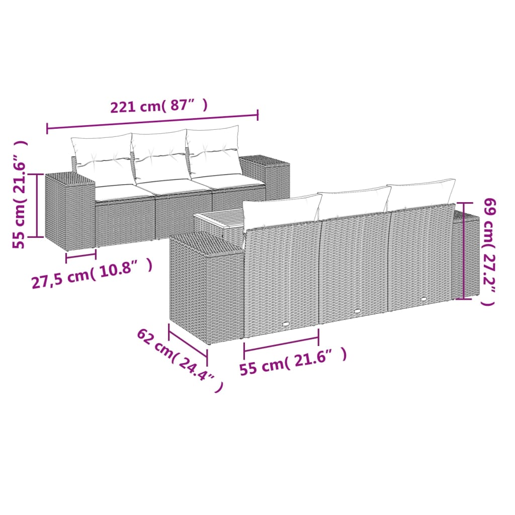 7 pcs conjunto sofás p/ jardim c/ almofadões vime PE cinzento