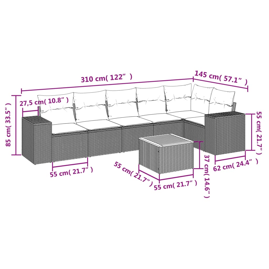 7 pcs conjunto sofás p/ jardim c/ almofadões vime PE cinzento