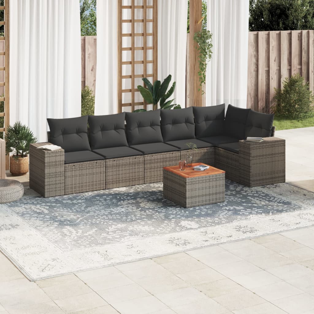 7 pcs conjunto sofás p/ jardim c/ almofadões vime PE cinzento