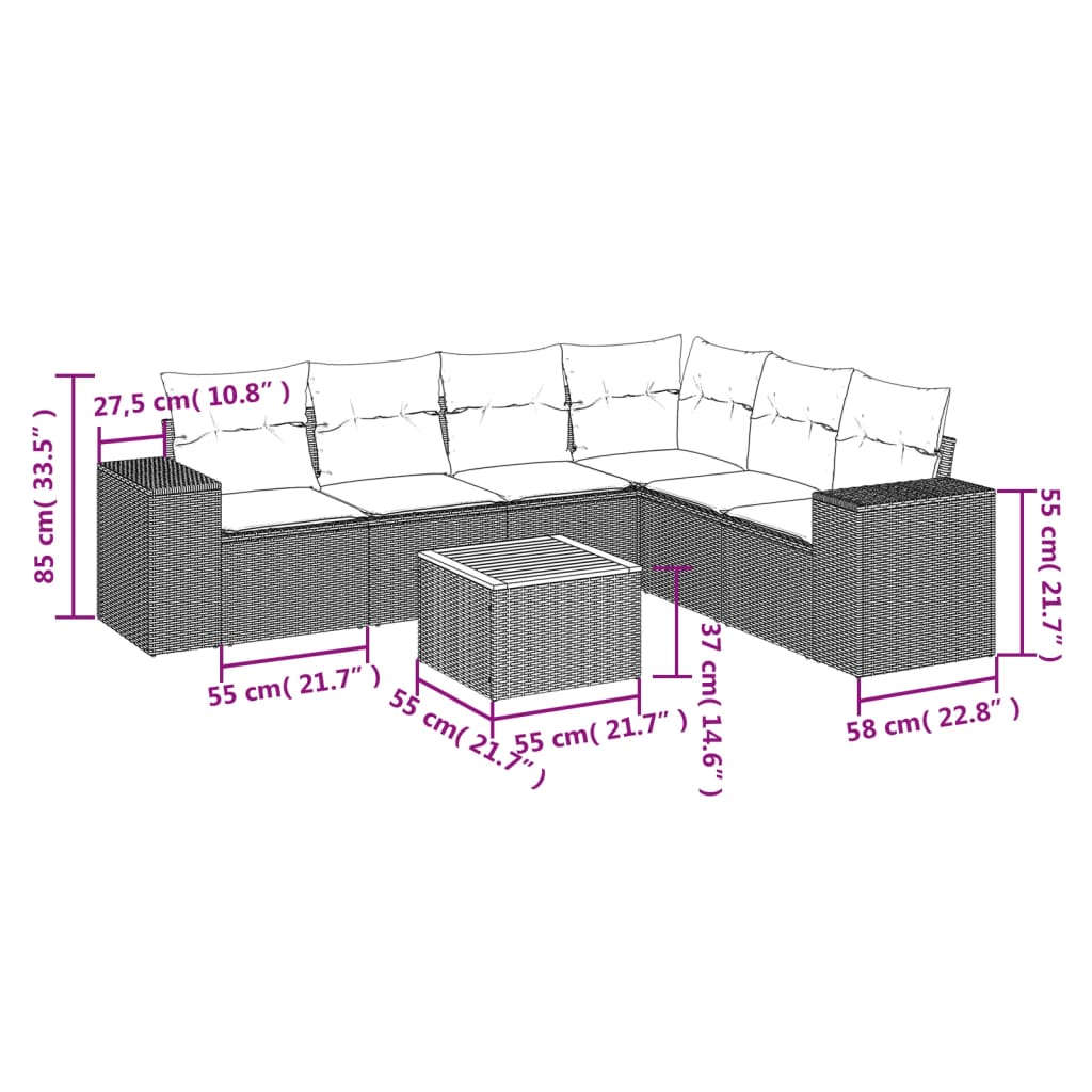 7 pcs conjunto de sofás p/ jardim com almofadões vime PE bege