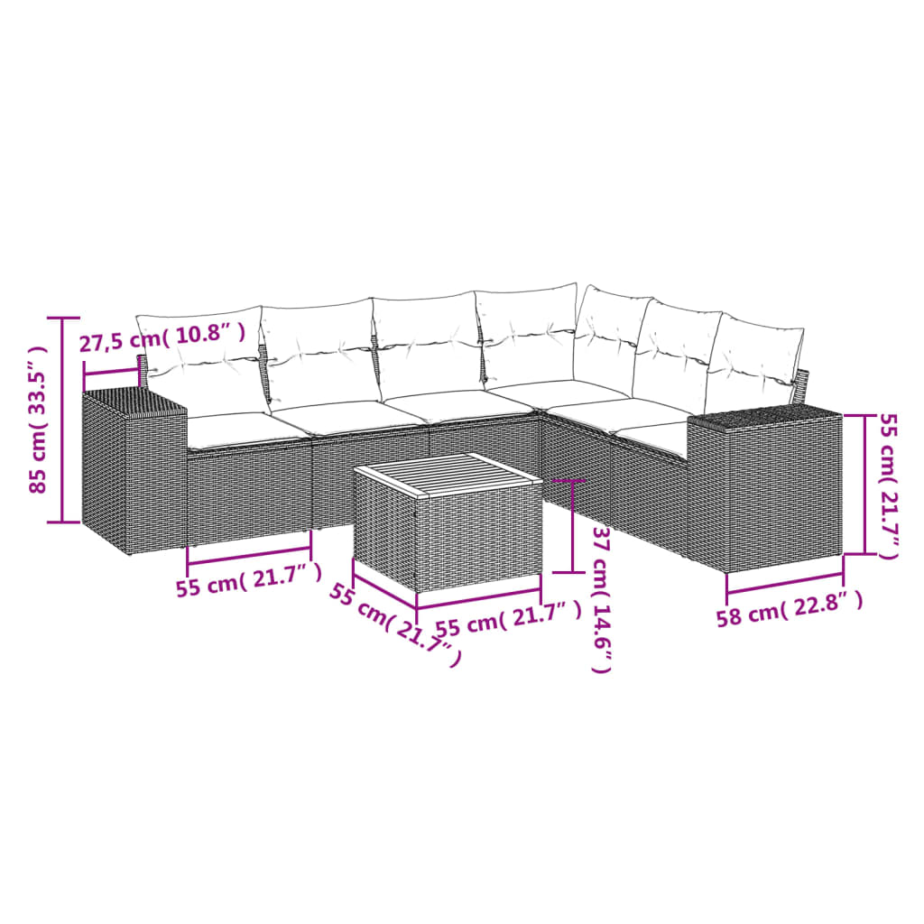 7 pcs conjunto de sofás p/ jardim com almofadões vime PE bege