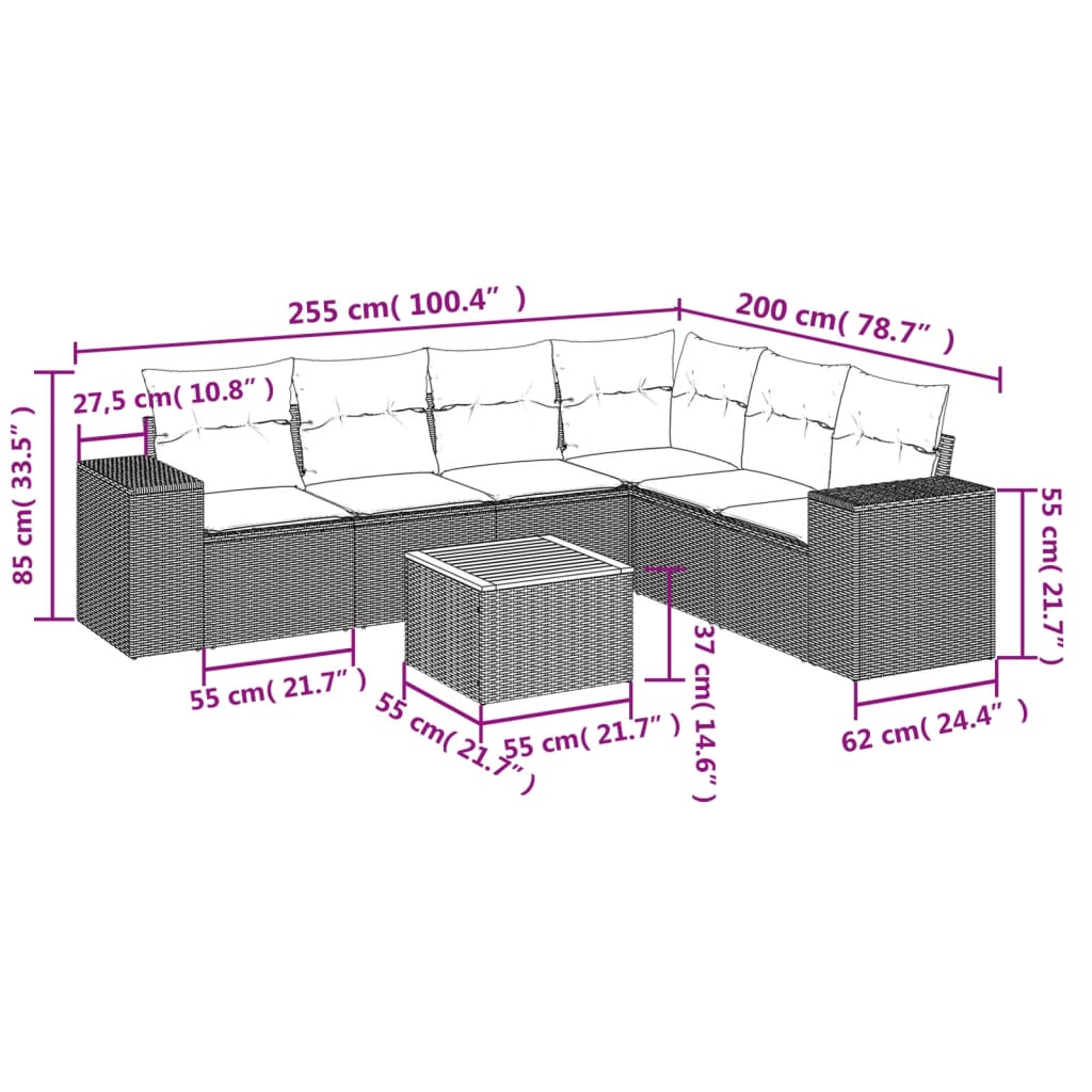 7 pcs conjunto sofás p/ jardim c/ almofadões vime PE cinzento