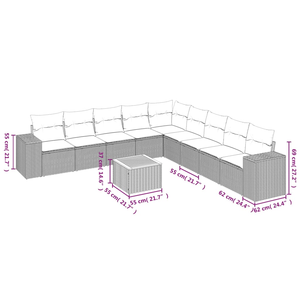 10 pcs conjunto de sofás p/ jardim com almofadões vime PE bege