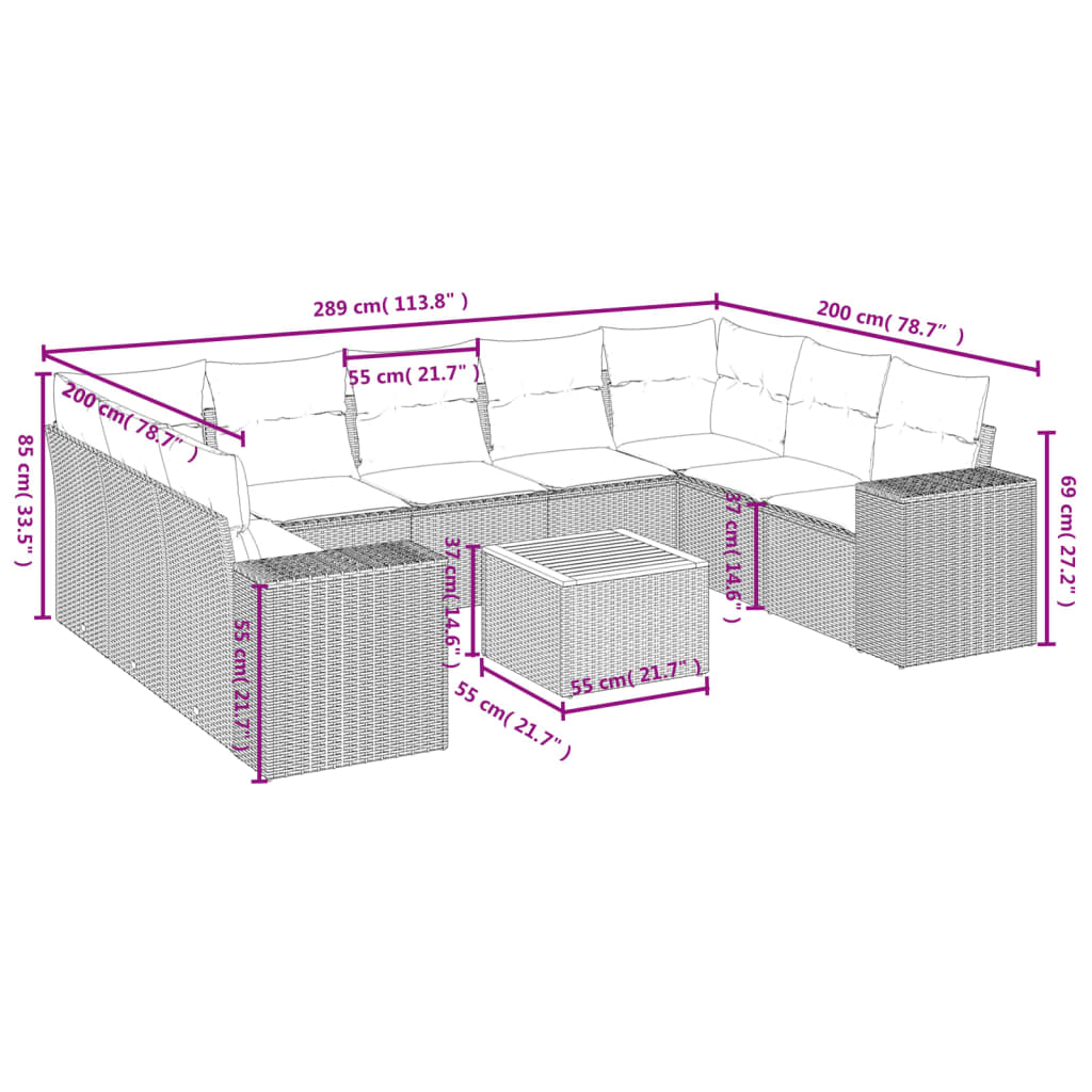10 pcs conjunto de sofás p/ jardim com almofadões vime PE bege