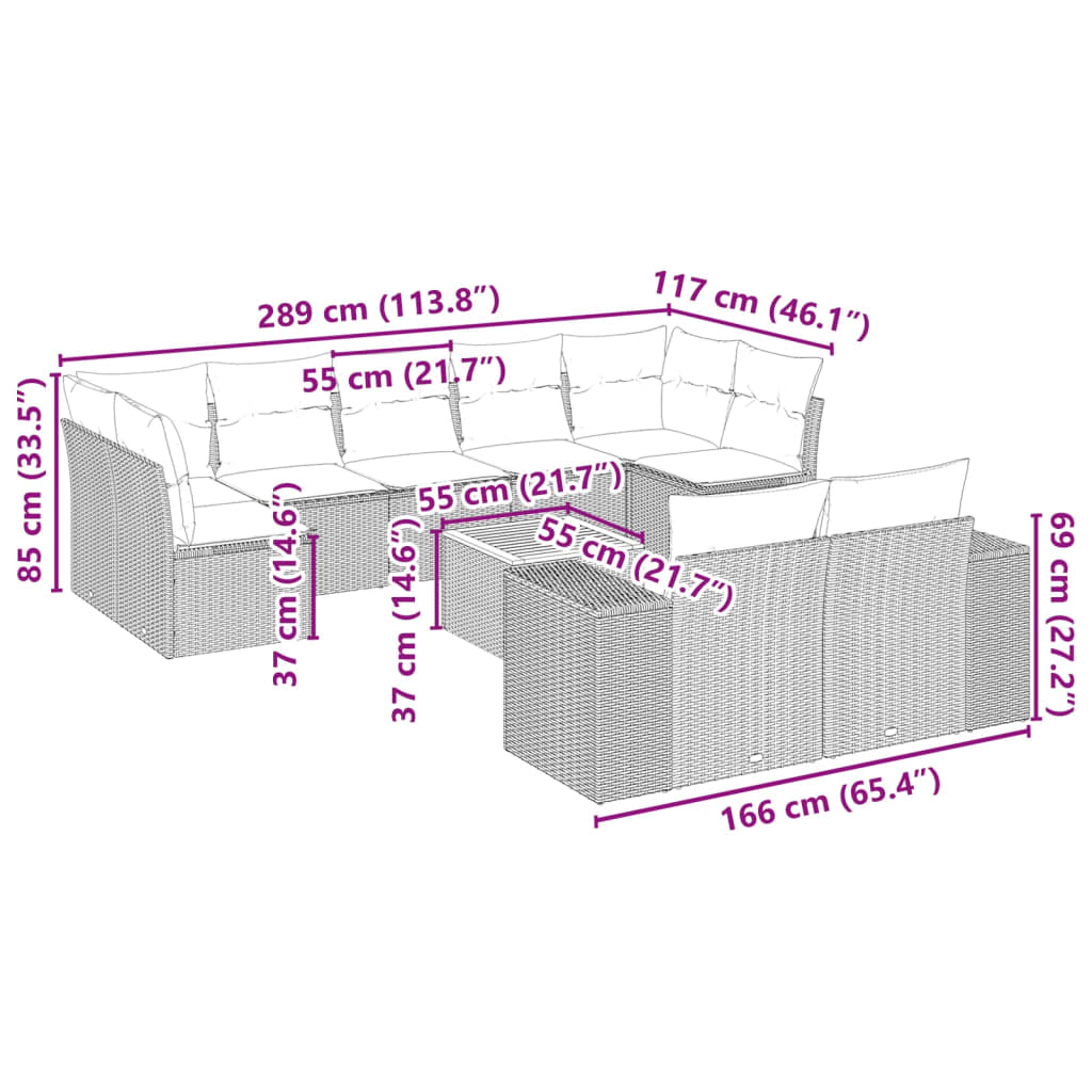 10 pcs conjunto de sofás p/ jardim com almofadões vime PE bege