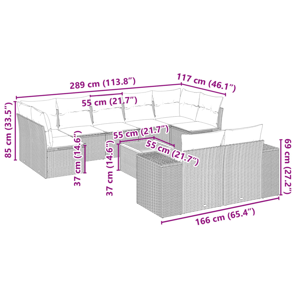 10 pcs conjunto sofás de jardim c/ almofadões vime PE cinzento