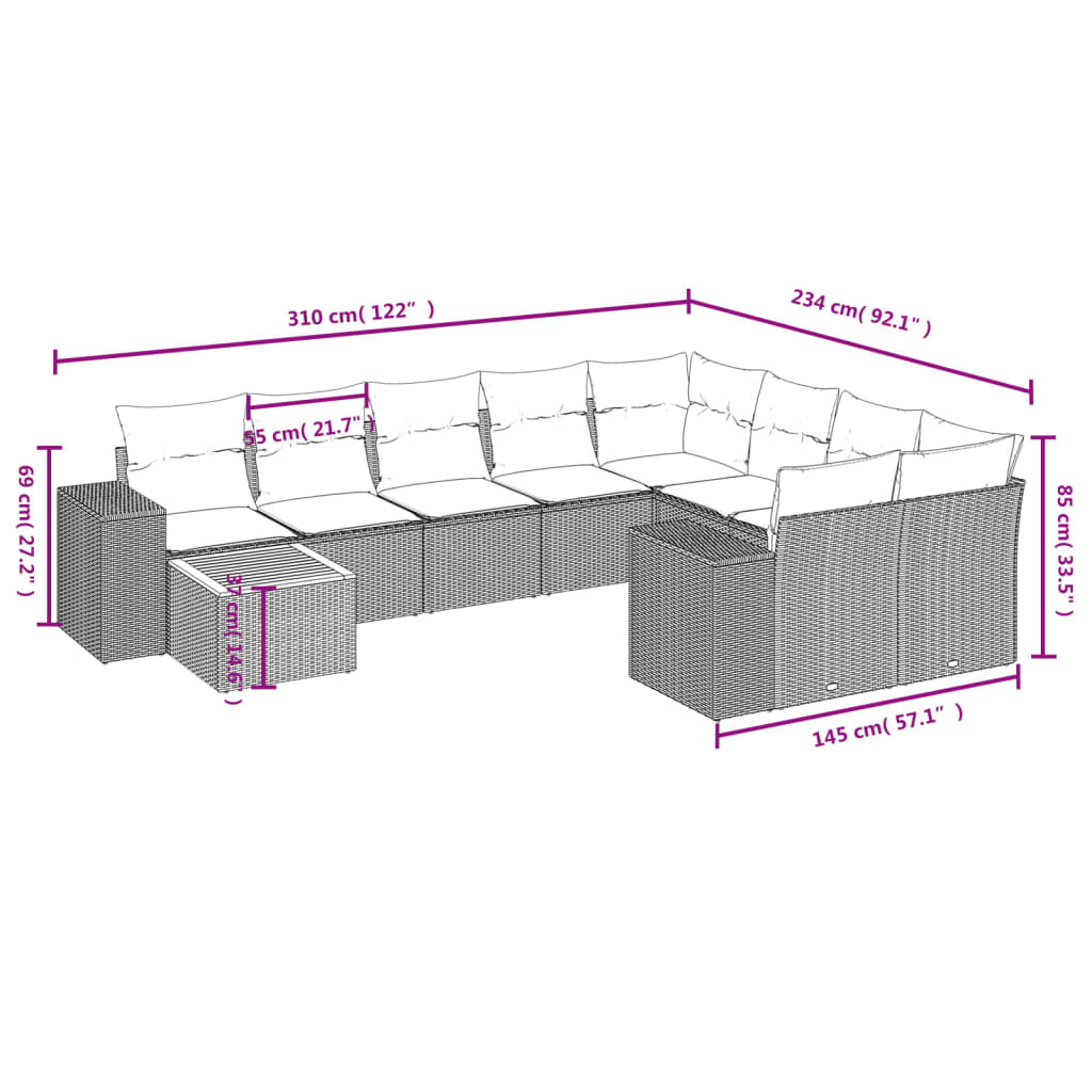 10 pcs conjunto de sofás p/ jardim com almofadões vime PE bege