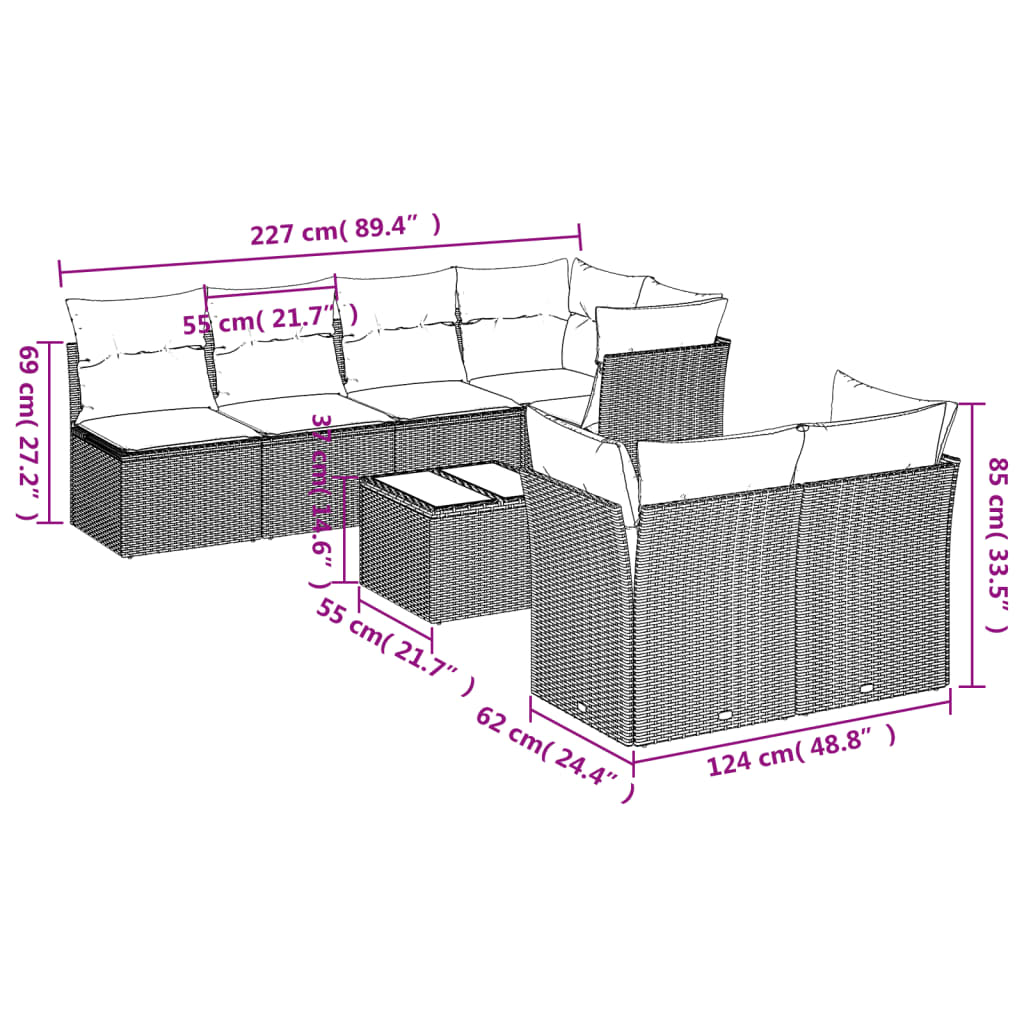 8 pcs conjunto sofás de jardim c/ almofadões vime PE castanho
