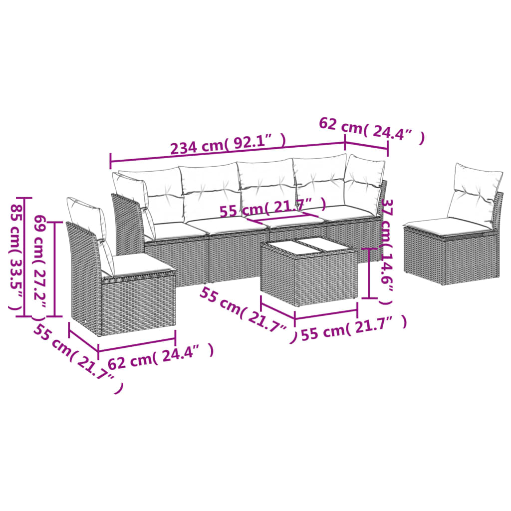 7 pcs conjunto sofás p/ jardim c/ almofadões vime PE cinzento