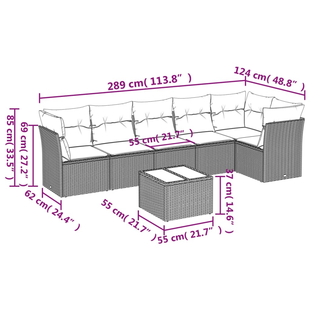 7 pcs conjunto sofás p/ jardim c/ almofadões vime PE cinzento