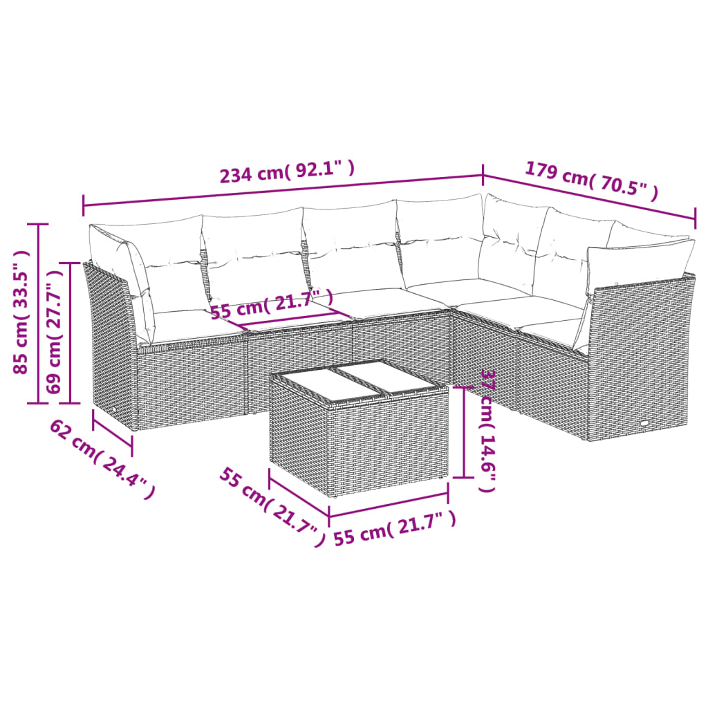 7 pcs conjunto de sofás p/ jardim com almofadões vime PE bege