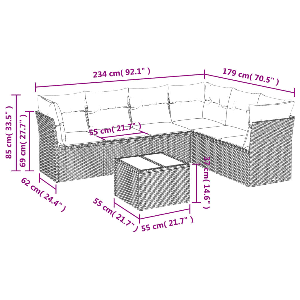 7 pcs conjunto sofás p/ jardim c/ almofadões vime PE cinzento