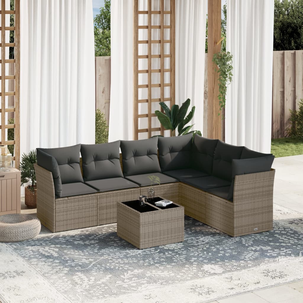 7 pcs conjunto sofás p/ jardim c/ almofadões vime PE cinzento