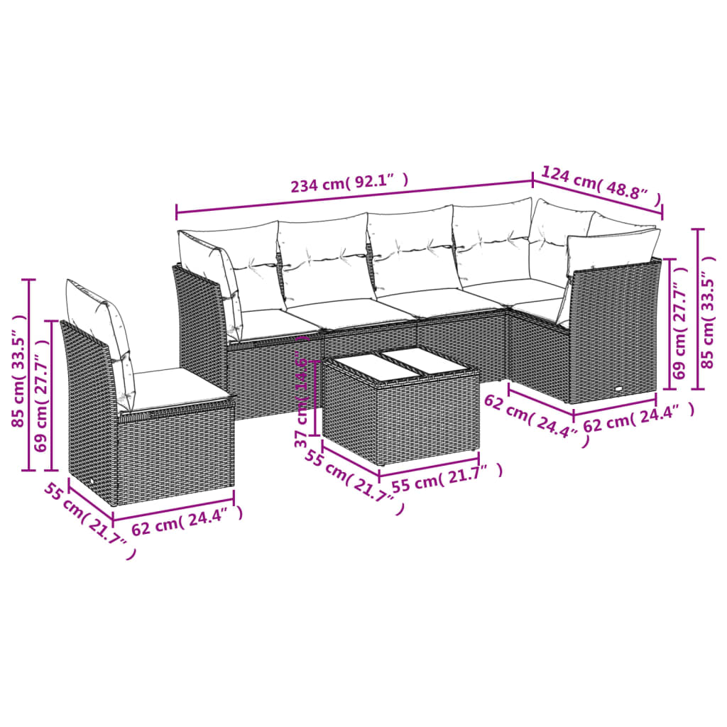 7 pcs conjunto sofás p/ jardim c/ almofadões vime PE cinzento