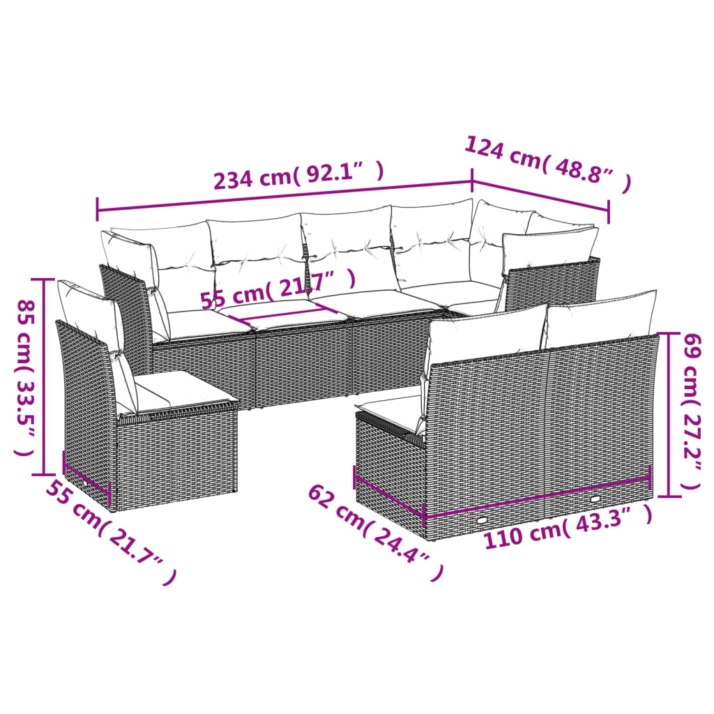 8 pcs conjunto sofás de jardim c/ almofadões vime PE castanho