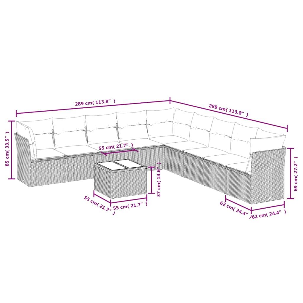 10 pcs conjunto de sofás p/ jardim com almofadões vime PE bege