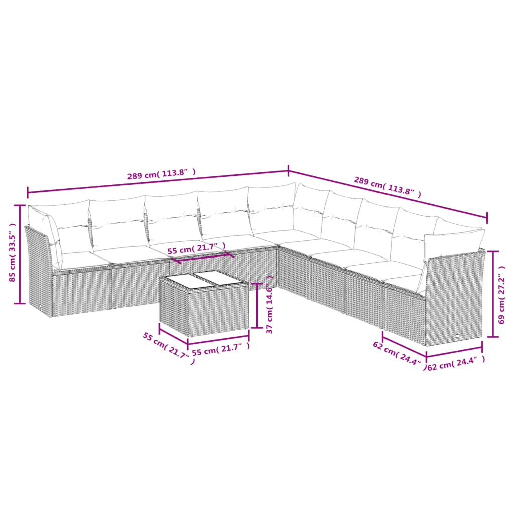 10 pcs conjunto de sofás p/ jardim com almofadões vime PE bege