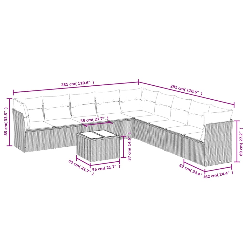 10 pcs conjunto sofás de jardim c/ almofadões vime PE cinzento