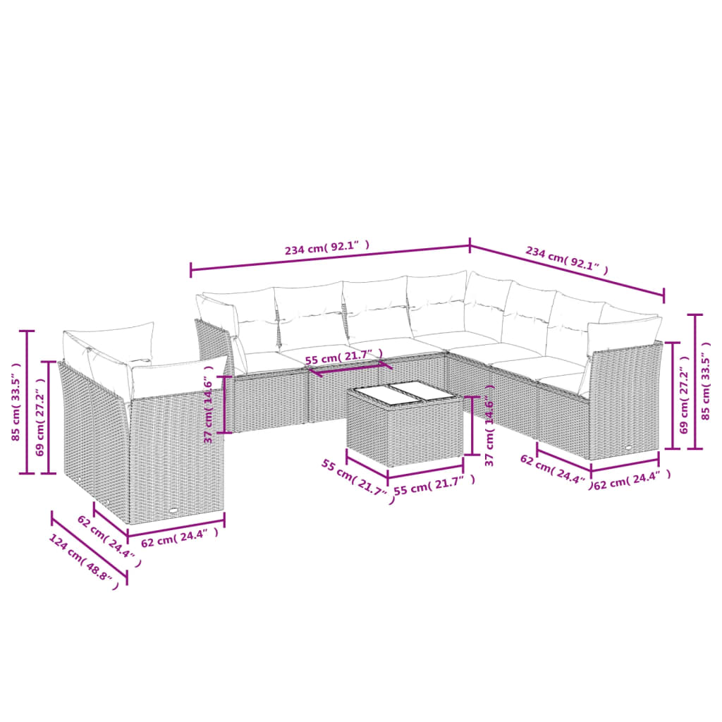 10 pcs conjunto de sofás p/ jardim com almofadões vime PE bege