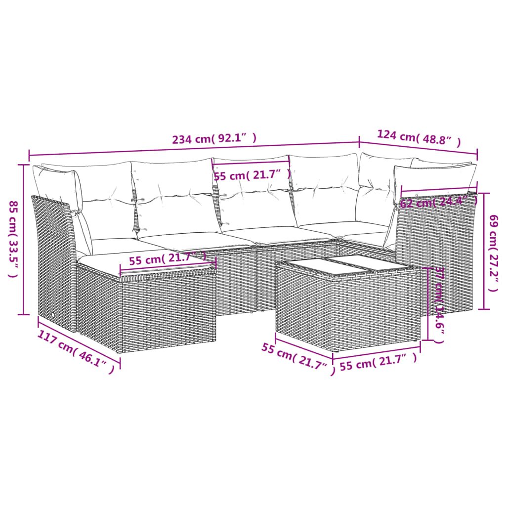 7 pcs conjunto sofás p/ jardim c/ almofadões vime PE cinzento