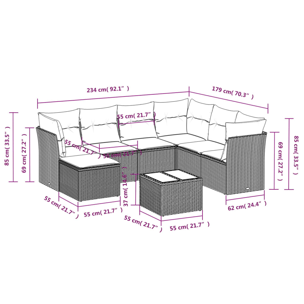 8 pcs conjunto sofás de jardim c/ almofadões vime PE castanho