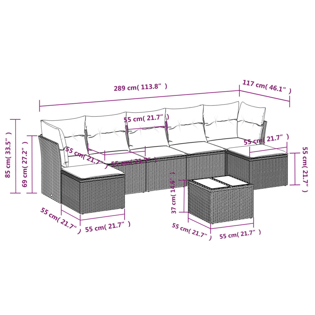 8 pcs conjunto sofás de jardim c/ almofadões vime PE castanho
