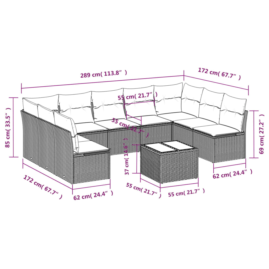 10 pcs conjunto de sofás p/ jardim com almofadões vime PE bege