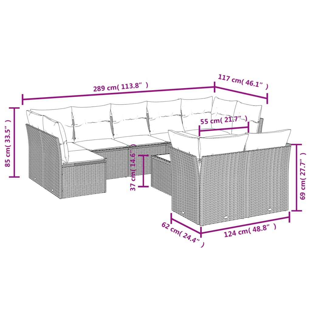 10 pcs conjunto de sofás p/ jardim com almofadões vime PE bege