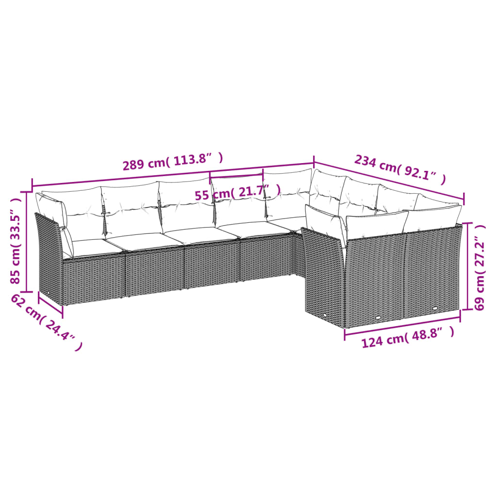 10 pcs conjunto sofás de jardim c/ almofadões vime PE preto