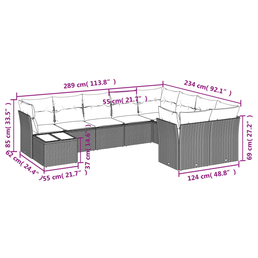 10 pcs conjunto de sofás p/ jardim com almofadões vime PE bege