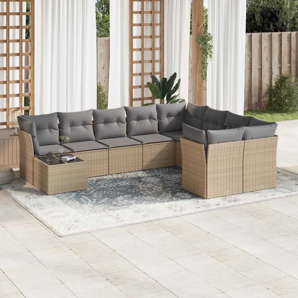 10 pcs conjunto de sofás p/ jardim com almofadões vime PE bege