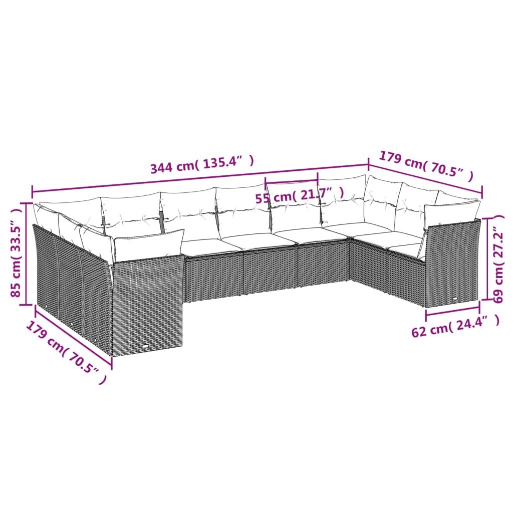 10 pcs conjunto de sofás p/ jardim com almofadões vime PE bege