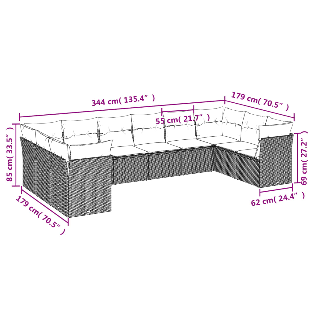 10 pcs conjunto de sofás p/ jardim com almofadões vime PE bege