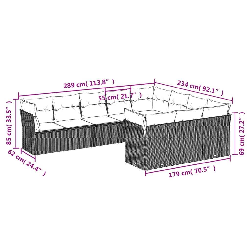 10 pcs conj. sofás jardim com almofadões vime PE cinzento-claro