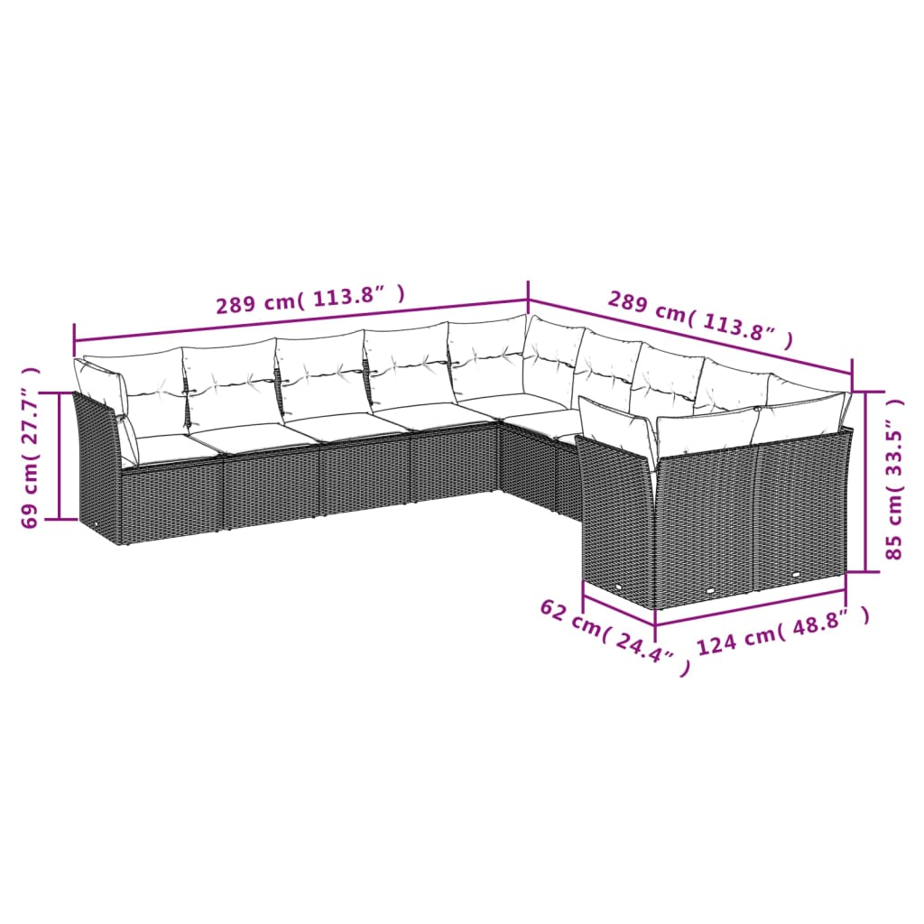 10 pcs conjunto de sofás p/ jardim com almofadões vime PE bege