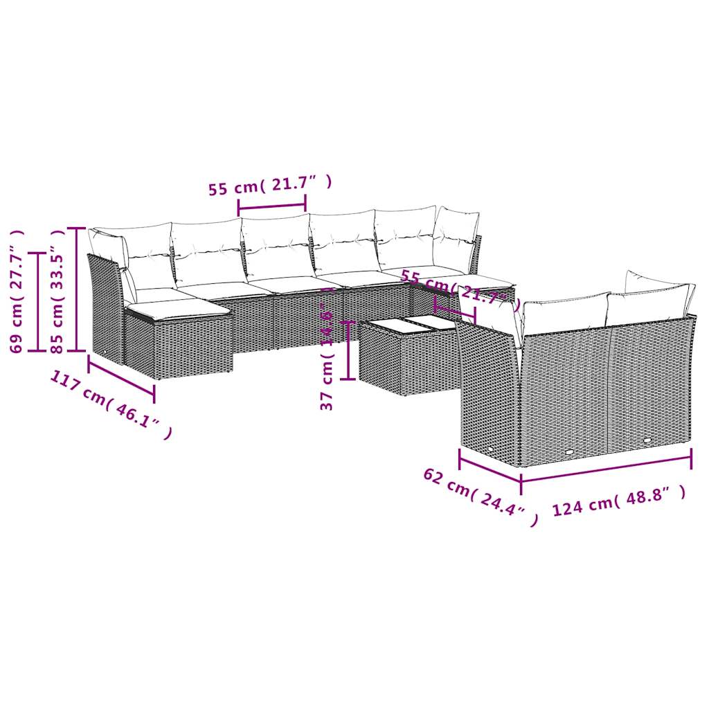 10 pcs conjunto de sofás p/ jardim com almofadões vime PE bege