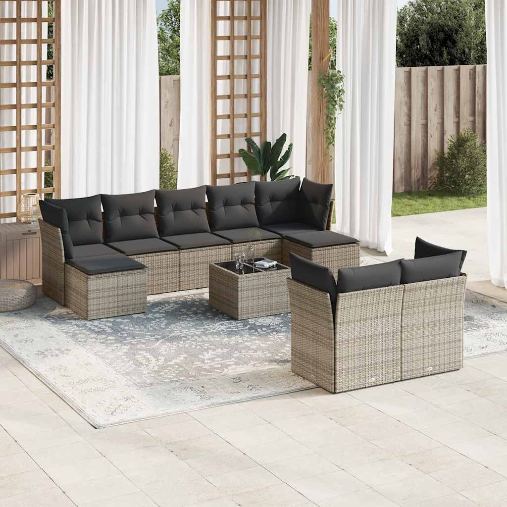 10 pcs conjunto sofás de jardim c/ almofadões vime PE cinzento