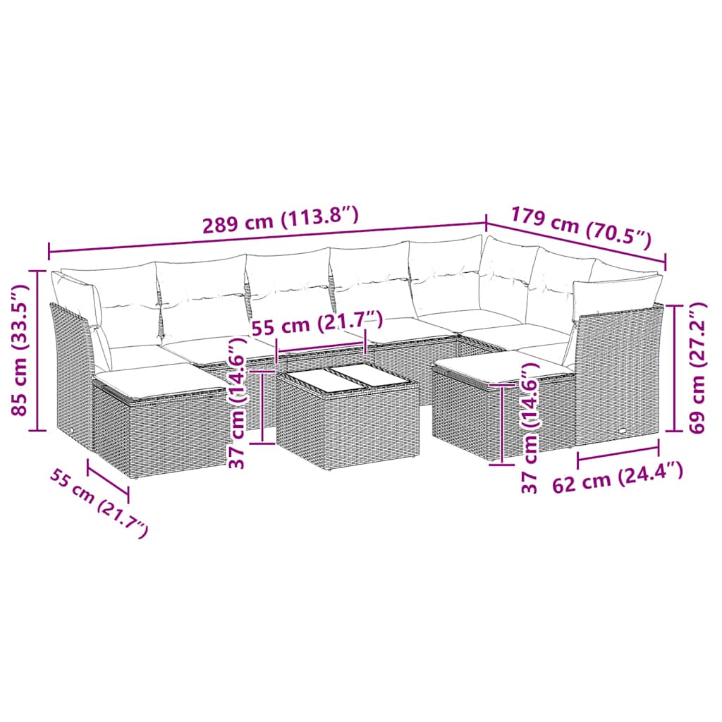 10 pcs conj. sofás jardim com almofadões vime PE cinzento-claro