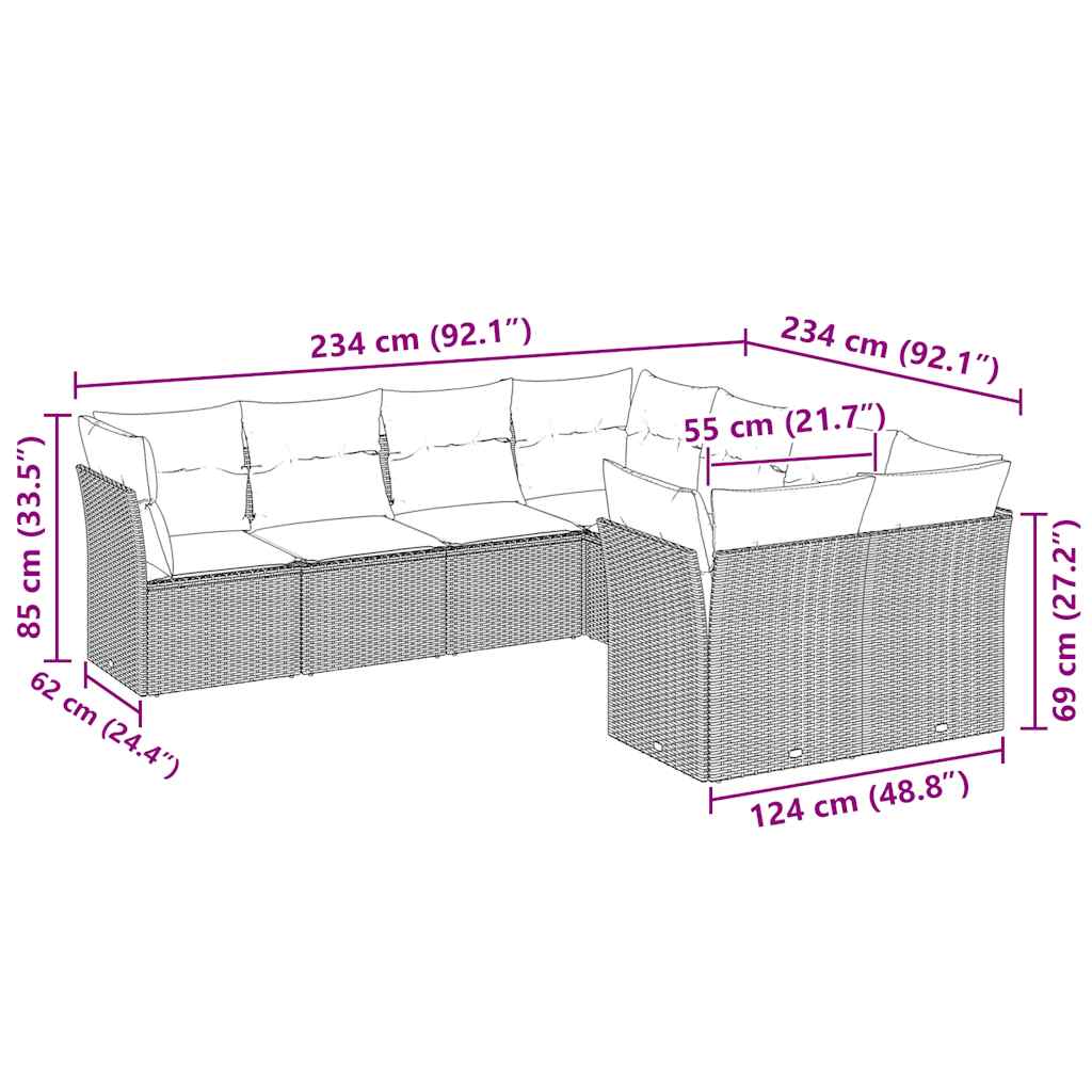 8 pcs conj. sofás jardim c/ almofadões vime PE cinzento-claro