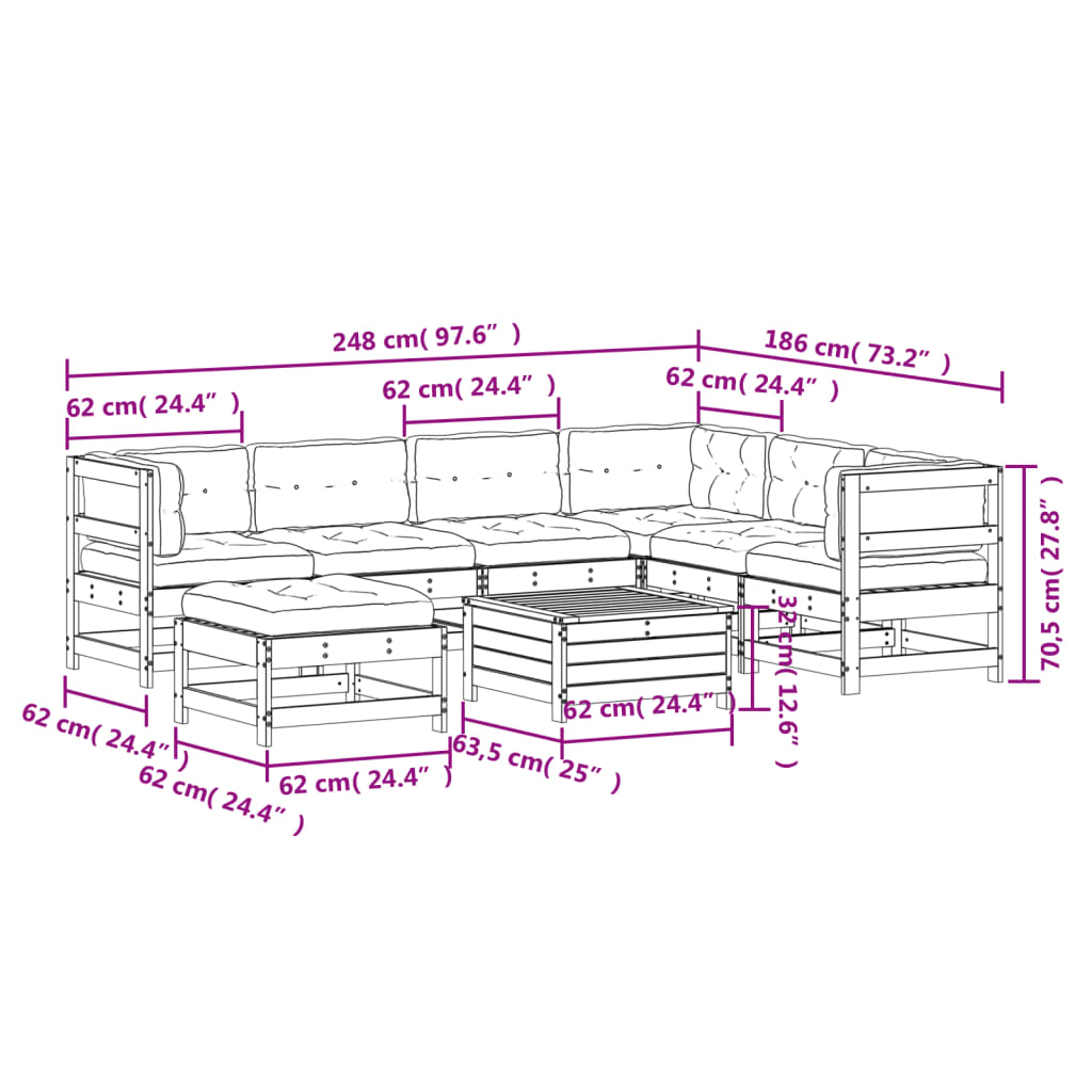 8 pcs conjunto lounge de jardim c/ almofadões pinho impregnado