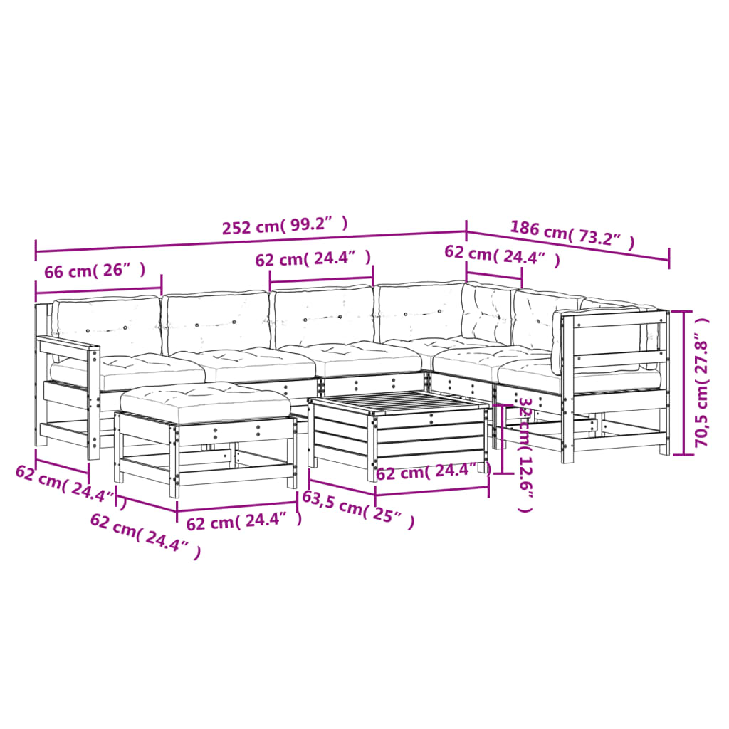 8 pcs conjunto lounge de jardim c/ almofadões pinho impregnado