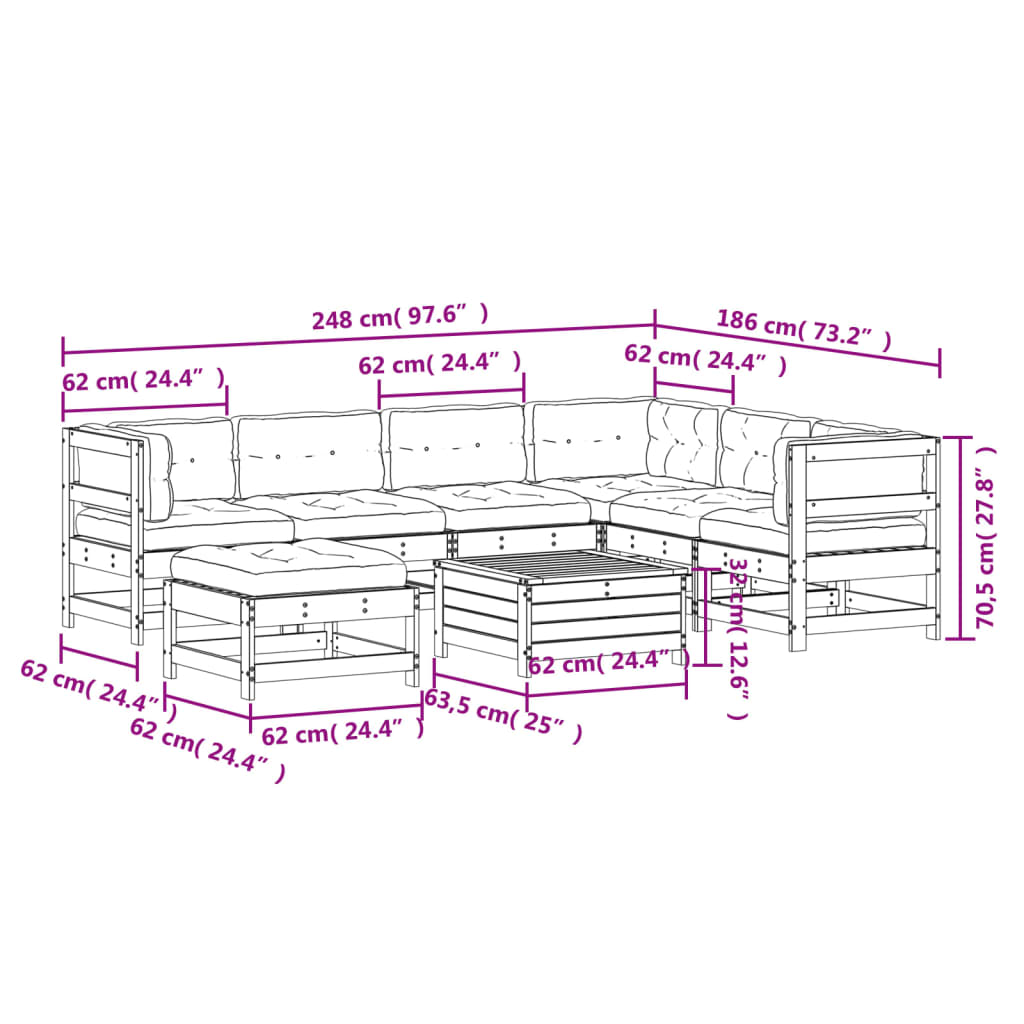 8 pcs conjunto lounge de jardim c/ almofadões pinho impregnado