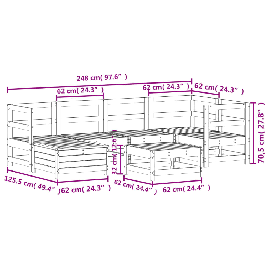 7 pcs conjunto de sofás para jardim madeira de pinho maciça
