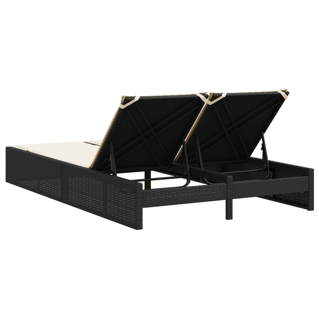 Double sun lounger with cushions in black poly rattan