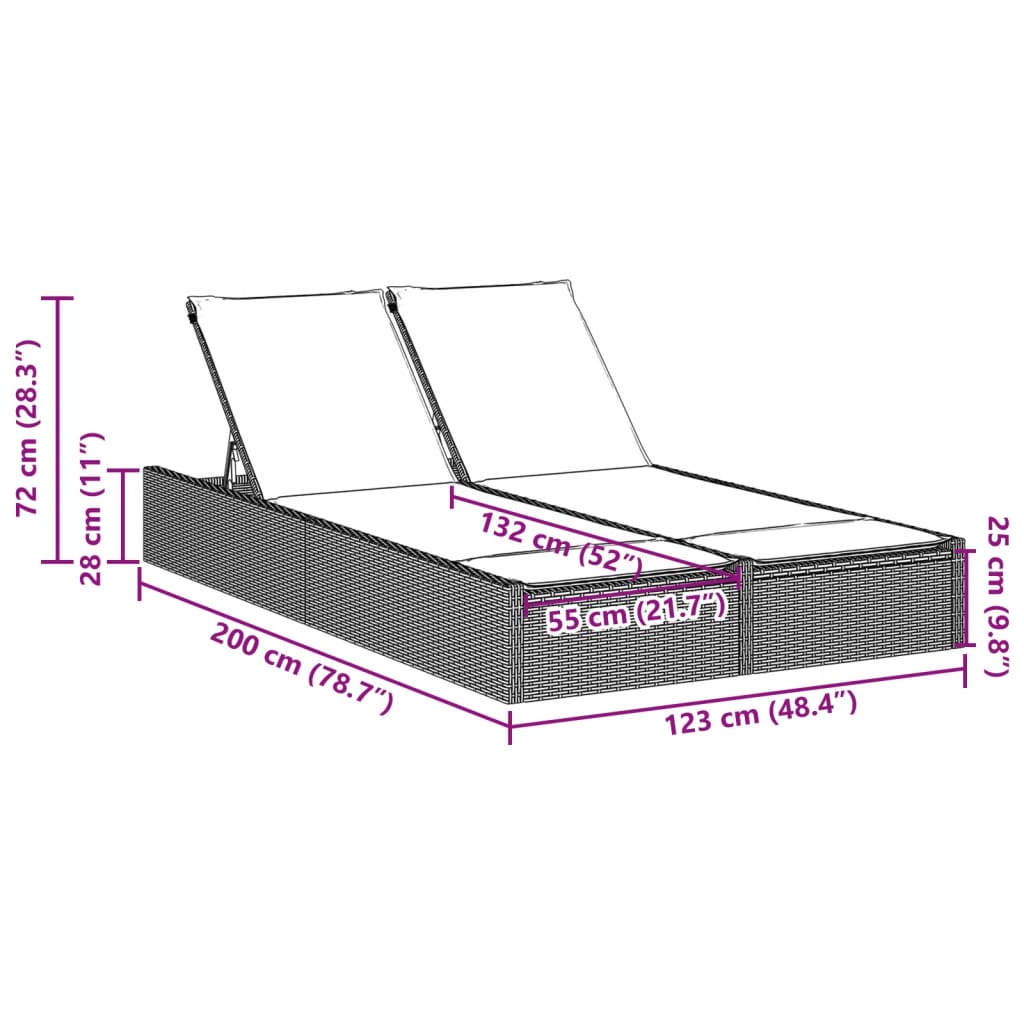 Double sun lounger with cushions in grey poly rattan